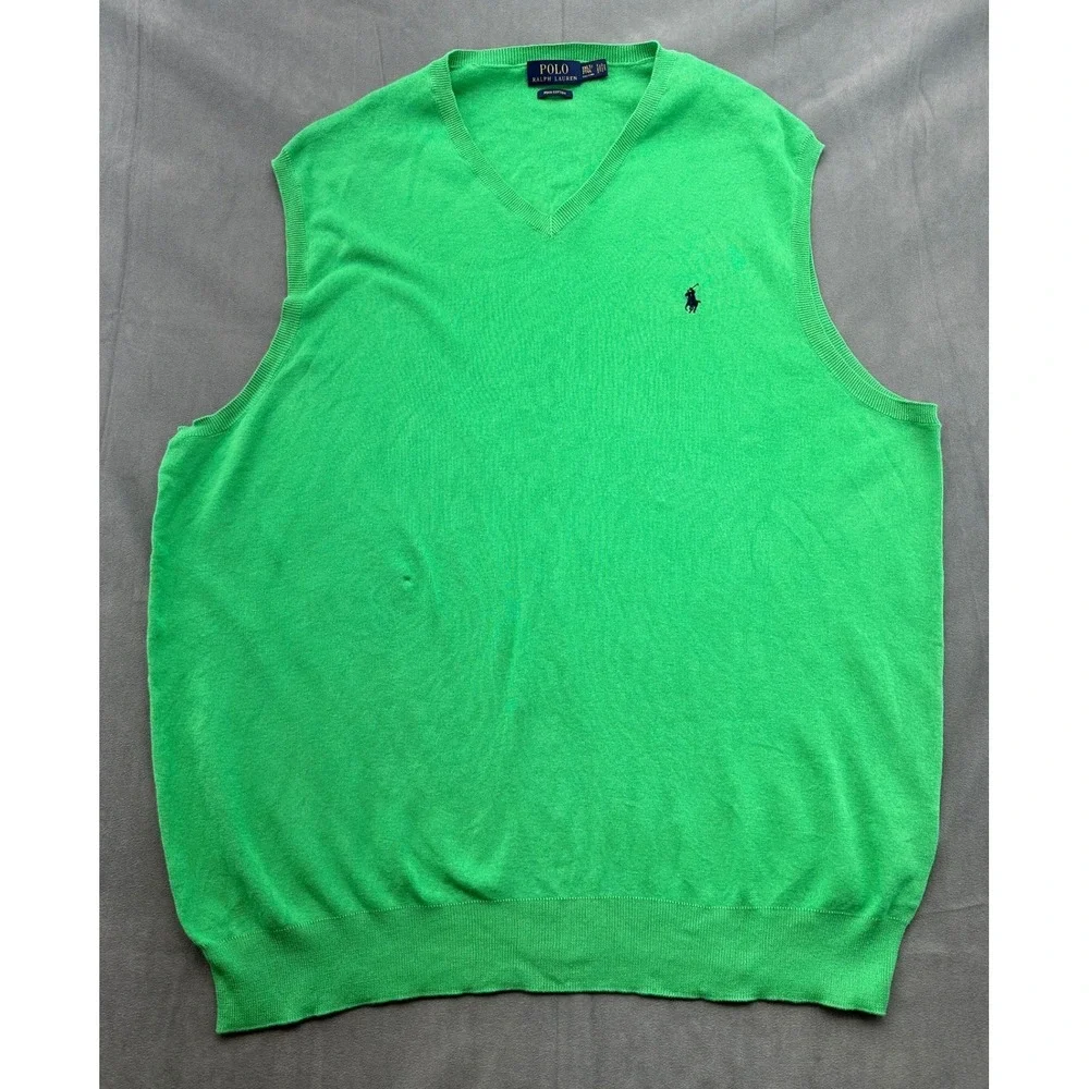 Polo Ralph Lauren Green Pima Cotton V Neck Sweater Vest Mens 2XLT Tall Logo